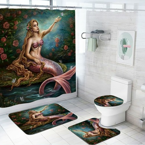 Juego de cubierta de inodoro antideslizante cortina de ducha antideslizante rosa sirena floral rosa - Imagen 14 de 15