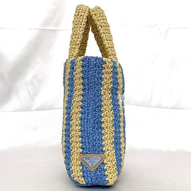 アウトレット直営店【PRADA】 RAFIA TOTE BAG 1BG454 送料込み Prada Tote Bag Handbag Raffia Beige Blue Striped Authentic