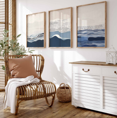 Gallery Wall Art Neutral Blue Navy 3 Set Posters Minimal Modern Abstract Prints