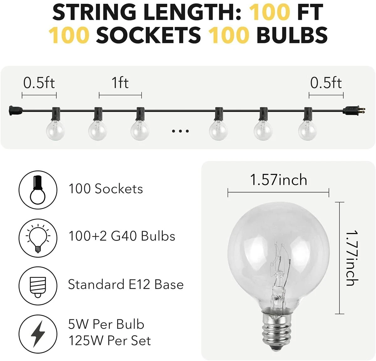 Outdoor Incandescent String Light 100 ft 100 5W 2200K Warm