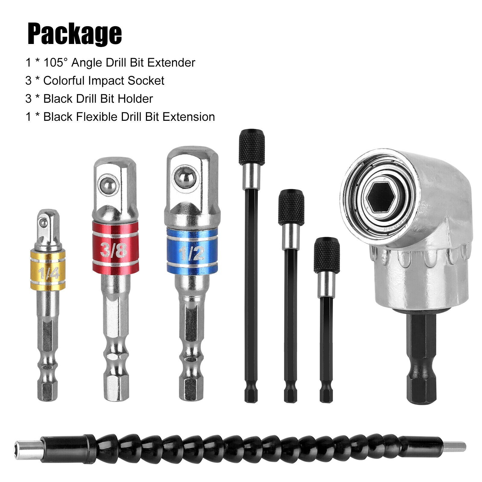 8x 105 Right Angle Drill Adapter Flexible Shaft Extension 1/4" Hex Shank Socket