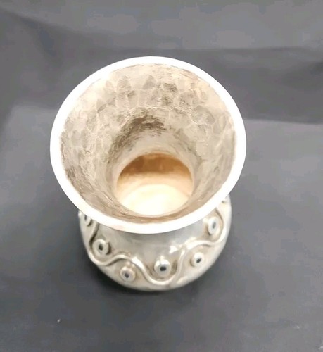 1950 LOS CASTELLO MEXICAN HAND WROUGHT SILVERED OLLA STYLE INLAID ABALONE VASE - Picture 11 of 13