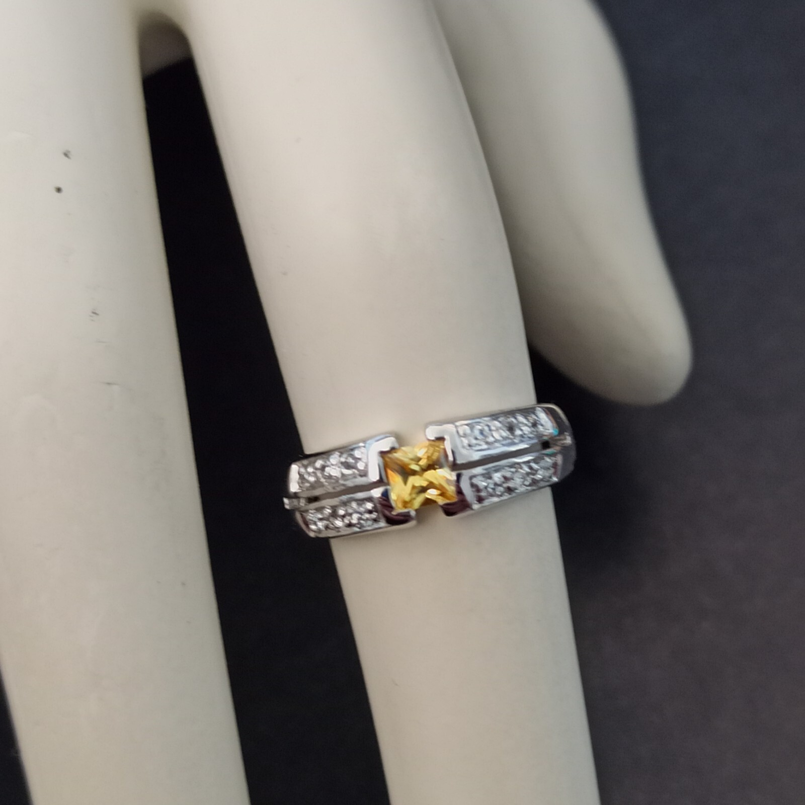 925  Silver Plated Ring Yellow Square Crystal Art… - image 7