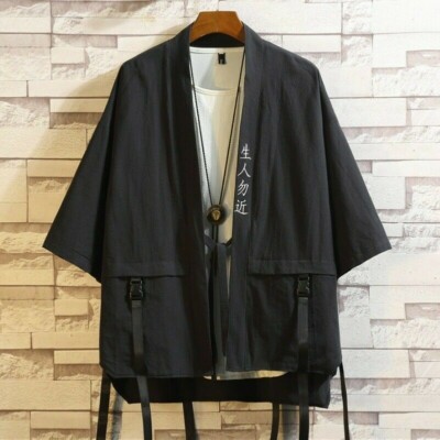 Men Japanese Kimono Jacket Coat Harajuku Cardigan Cargo Retro Casual Black  New