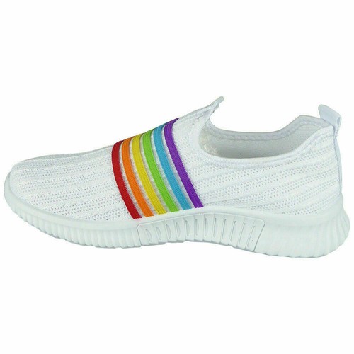 Womens Ladies Rainbow Trainers Sneakers Slip On Knit Jogging Plimsole Gym Shoes - Picture 25 of 25