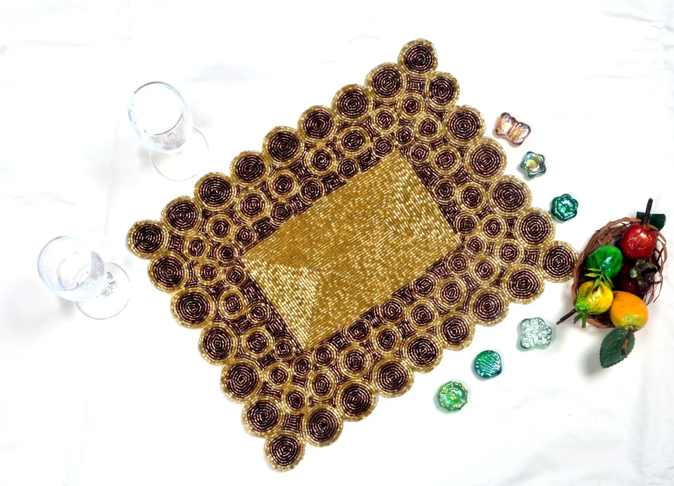 Set Of 6 Placemat Gold And Copper Beaded Placemat Designer Charger Plate 12X14In - Image 2 of 4
