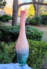 Vtg Murano-Style Hand-Blown 15.5" Orange  Green Splatter/Bubble Vase Unsigned