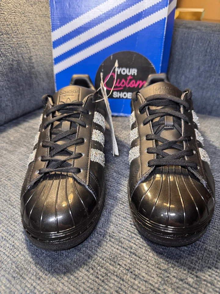 Nuevo con caja Adidas Zapatos Superstar Negros Dedos Concha Brillante Personalizados Plata Brillo Rayas Foto 3 de 4