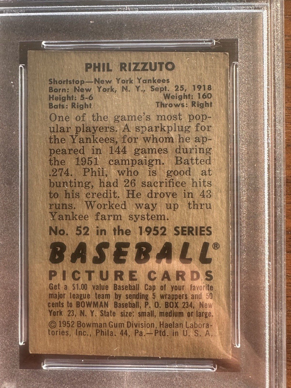 Phil Rizzuto 1952 Bowman PSA 4 #52 New York Yankees view 4