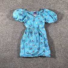 Disney Lilo Stitch Dress kids Small Blue Floral Puff Sleeve Cotton Mini