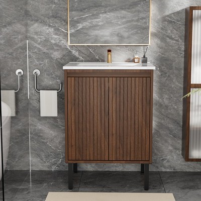 Bathroom Vanity w/Ceramic Sink,Modern Wood Storage Cabinet w/Soft Closing Door