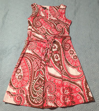 Talbots Coral & Brown Bold Paisley Surplice Neck A-line Cotton Dress W/belt 10P