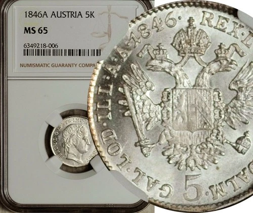 NGC MS-65 AUSTRIA SILVER 5 KREUZER 1846 (POP: 1/1)