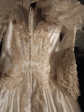 Handmade Ivory Victorian Satin Lace Wedding Dress Long Sleeve Ruffled Skirt
