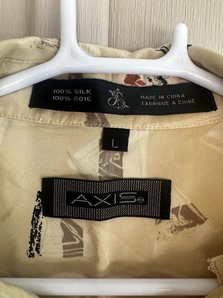 男式轴心短袖丝绸纽扣夏季轻便衬衫大号米色 — 第 3/4 张图片