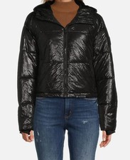 DKNY Sport Women's Black Hooded Crosswalk Print Cropped Puffer Jacket Size L