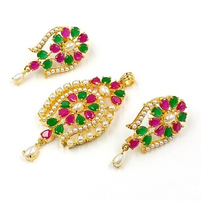 Traditional Ruby Emerald Pendant Set 22k Gold Plated Ethnic Wedding Set