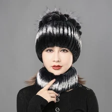Winter Fur Hats Scarf Women Real Rex Rabbit Warm Beanie Cap With Fox Fur Fluffy