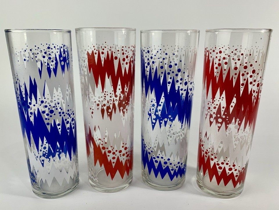 Libbey's bold lightning bolt and zigzag Tom Collins glasses — graphic mid-century design that looks great on a bar cart and even better with a drink in hand.