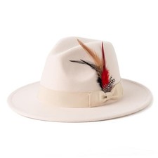 Mens Fedora Hats Wide Brim Felt Panama Hat Dress Hat with Feather Medium A-beige