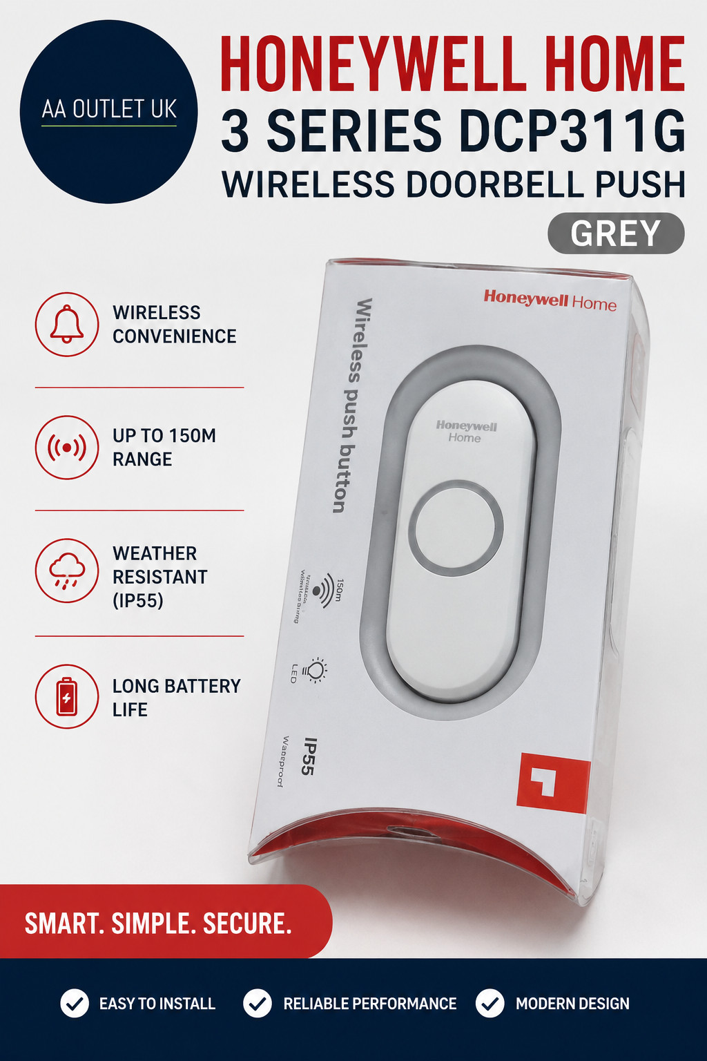 Honeywell Home DCP311G Honeywell Home 3 Series Doorbell Portrait Push Grey