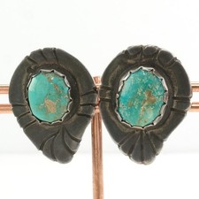 Native American Blue Turquoise Stamped Clip on Sterling Silver Earrings