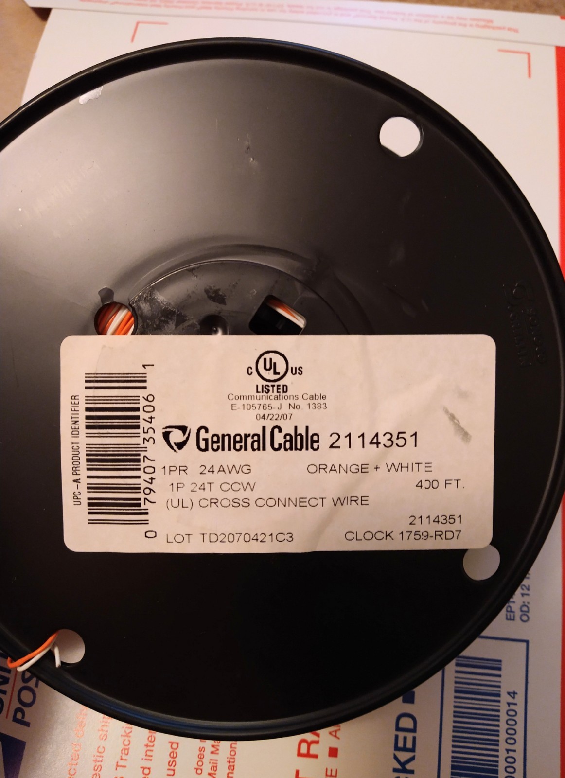Cross Connect Wire Cable - 24 AWG Orange + White, 1 Pair - 400 FT New Old Stock