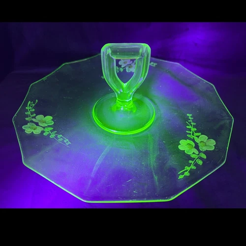 Uranium Glass Lancaster Hand Painted Handled Serving Tray Green Depression 1930s