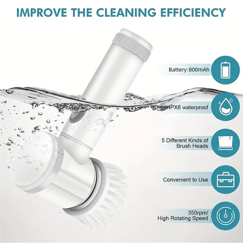 Electric Spin Scrubber - 5 Brush Heads, Handheld, Rechargeable Sink Cleaner - Picture 3 of 9