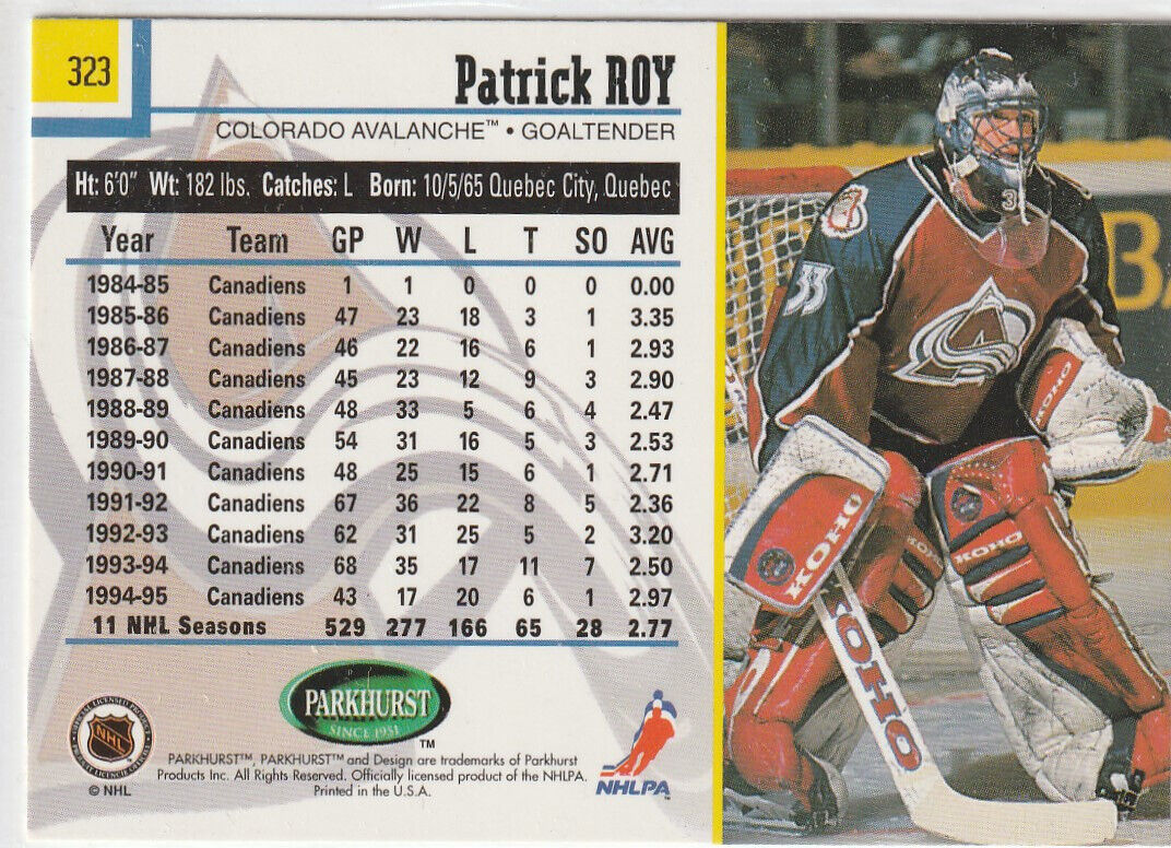 95 96 Parkhurst Colorado Avalanche Patrick Roy # 323 | eBay