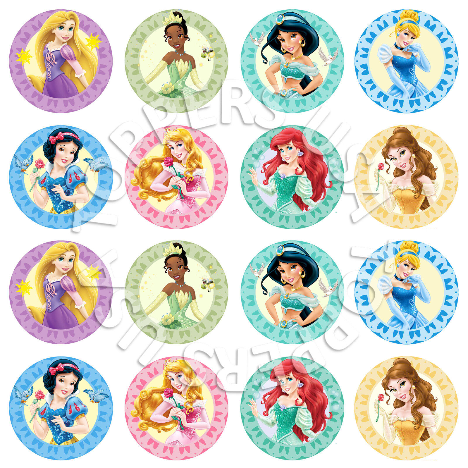 16x EDIBLE Disney Princess Assorted Cupcake Toppers Wafer Paper 4cm ...