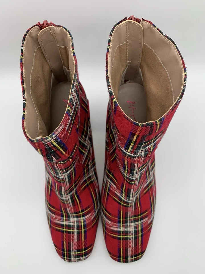 Betsey Johnson Womens US 11 Blanche Red Plaid Fabric Black Rhinestone Heel Boots - Image 4 of 4