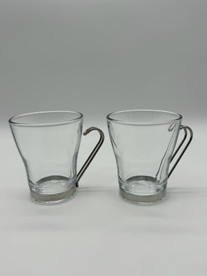 Set of 2 Bormioli Rocco Tempered Glass Italian Coffee Mugs Metal Ring Handles