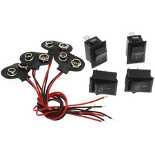 4sets On/off Mini Rocker Switchs Ac 6a 250v 2 Pin With 9v Battery Clip Connector