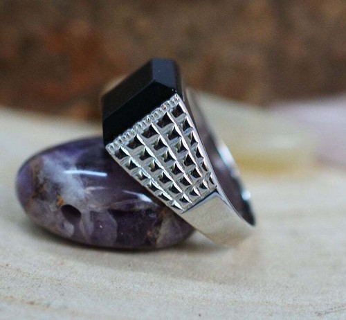 Fabuloso Anillo Clásico Sólido 935 Plata Plata Negro Ónix Fantástico para Hombre - Imagen 4 de 8