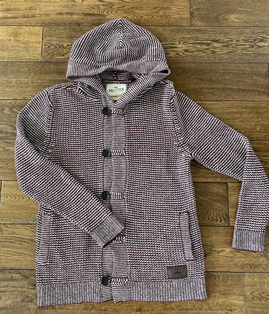 Hollister Unisex Burgundy red White knit hoodie Boho Jumper