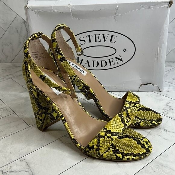 NWT Steve Madden Womens Snakeskin Carson Block Heel Yellow