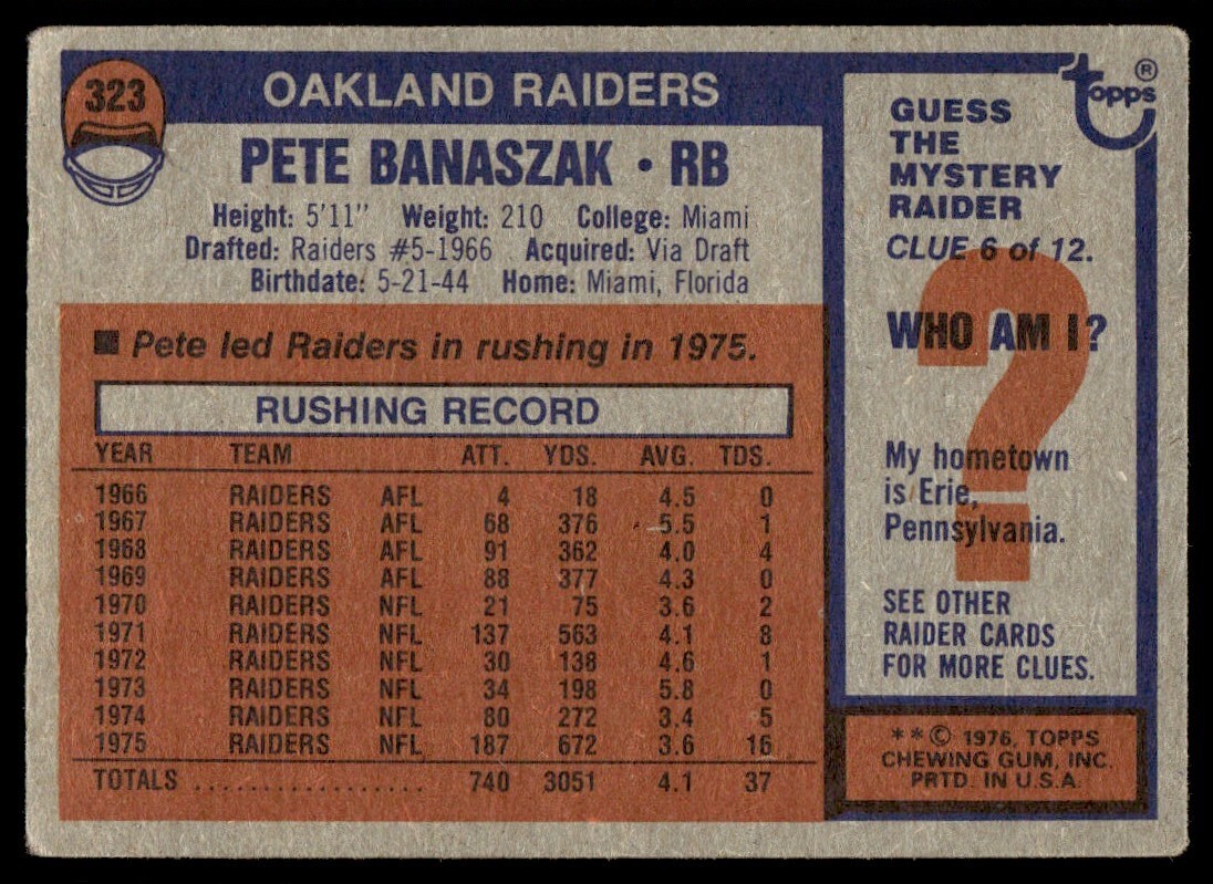 1976 Topps Football Pete Banaszak Oakland Raiders 323 GVG eBay