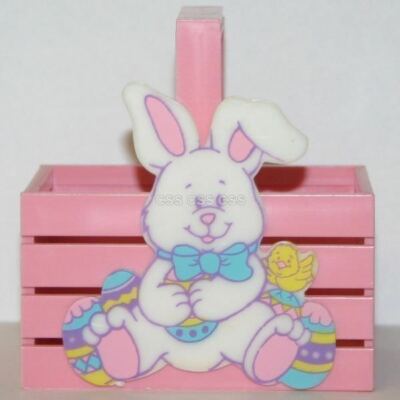 Hard Plastic Pink Easter Basket Small White Bunny Rabbit Baby Chick Bird Vintage