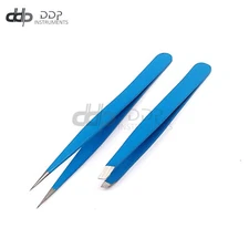 Slant & Pointed Tweezers Set Eyebrow Ingrown Facial & Nose Hair (Sky Blue) Color
