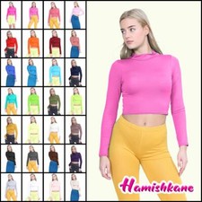 Womens Turtle Neck Crop Top Ladies Long Sleeve Plain Summer Basic Short T-Shirt