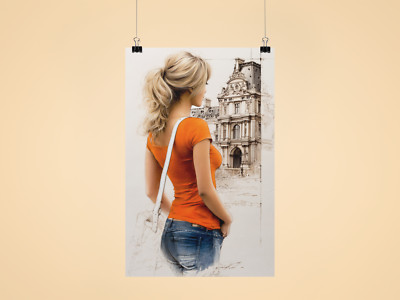 Stylish Girl Poster Orange Shirt Urban City Retro Wall Art Print Decor