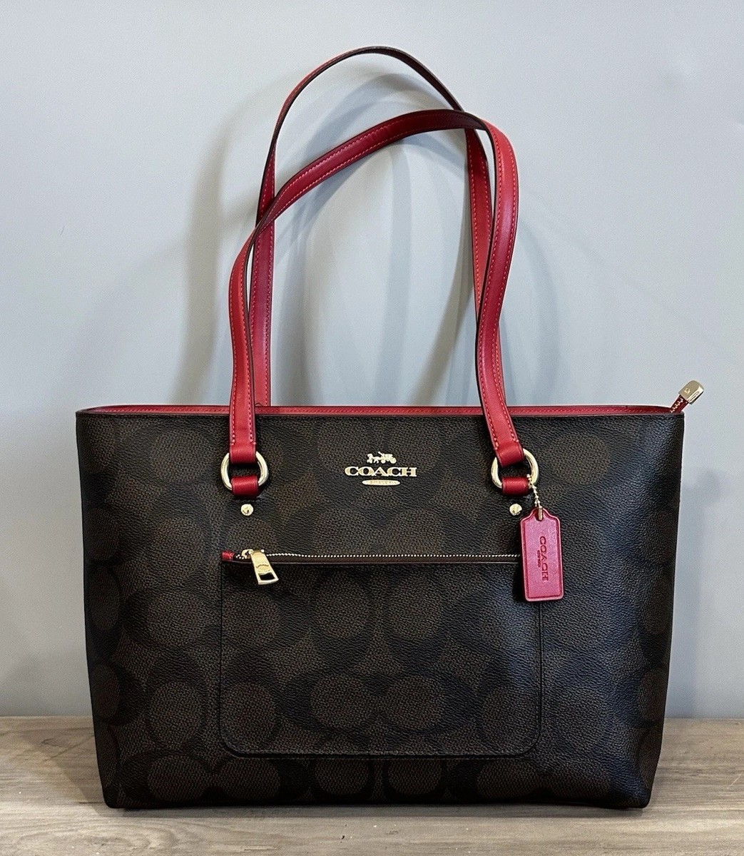【美品】COACH レザー トートバッグ ブラック　ブラウンF71039 NWT COACH Tote Shoulder Bag Signature Canvas Leather Walnut Red
