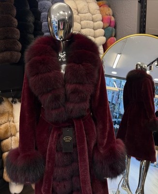 Alcantara  Burgundy Cherry Coat Women Genuine Fox Collar and Cuffs  Top Quality