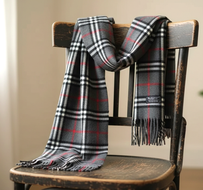 Burberry Scarf Unisex Fringe Check Gray/Red 100% Lambswool Made in