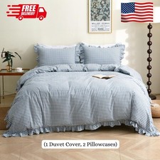 Light Blue/White Plaid Ruffle Duvet Cover Queen Size,100 Washed Cotton 3 Pieces