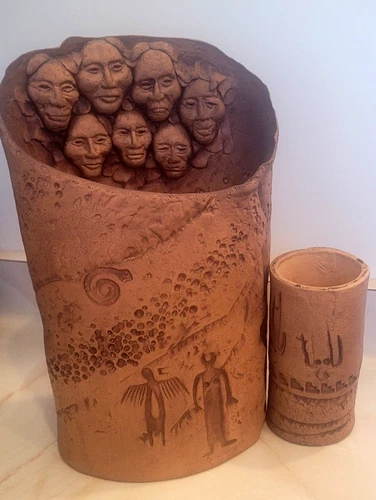 J.H. Boone Lan Spurgers Native American faces Art Sculpture Luminary Pottery