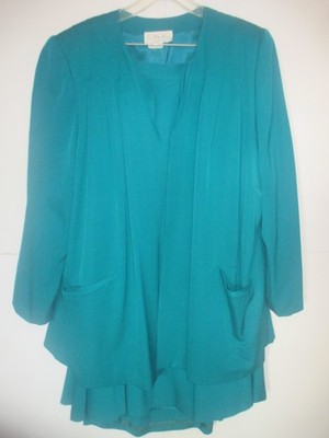 Vtg LA CHINE 24 W  100% Wool Jade Green Skirt Suit Open Front Blazer Maxi Skirt