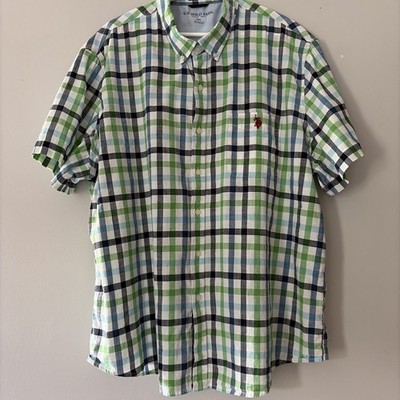 US Polo Assn Mens Shirt 3 XL Button Down Short Sleeve Plaid Green Blue Cotton