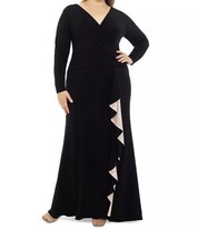 XSCAPE 20W Long Sleeve V-Neck Gown Ruffle Black Whimsigoth Classic Old Hollywood